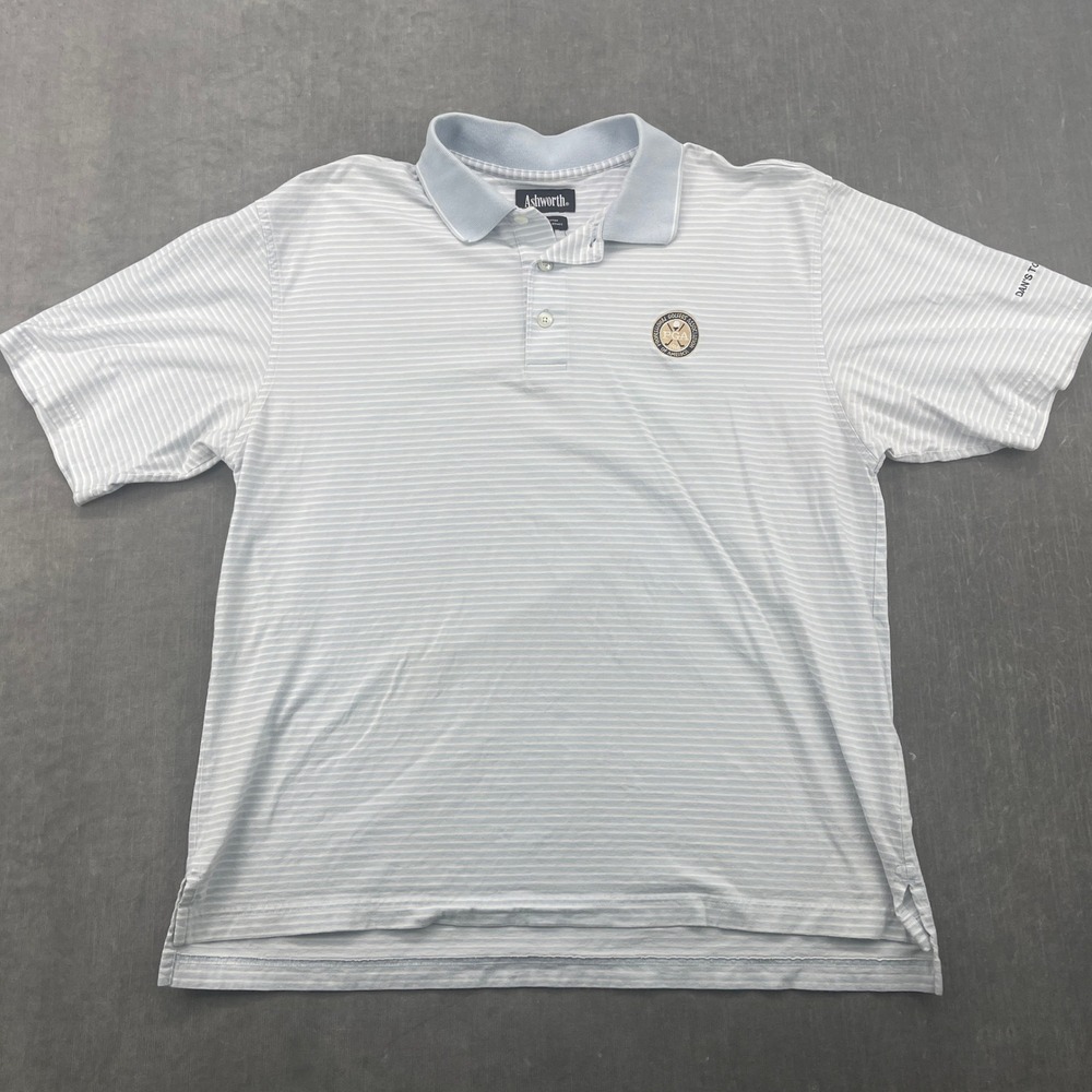 PGA Ashworth Mens Large Blue White Striped Golf Polo Patch Dans Tournament